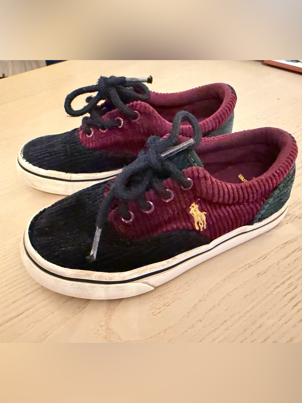 Polo by Ralph Lauren Kids Corduroy Sneakers in Burgundy and Black with Gold Logo
